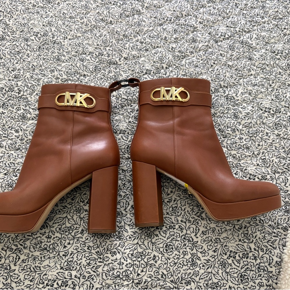Michael Kors Chestnut Leather Platform Ankle Boots with Gold MK Detail